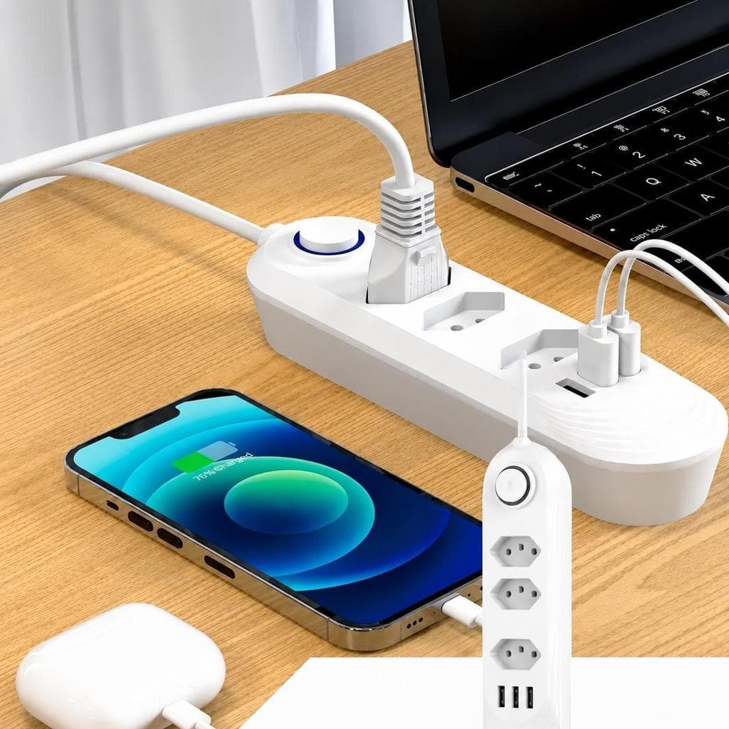 Régua Filtro de Linha Régua Extensão 4 Tomadass 3 USB Bivolt 110v/220v Cabo de 2 Metros Extensão Elétrica