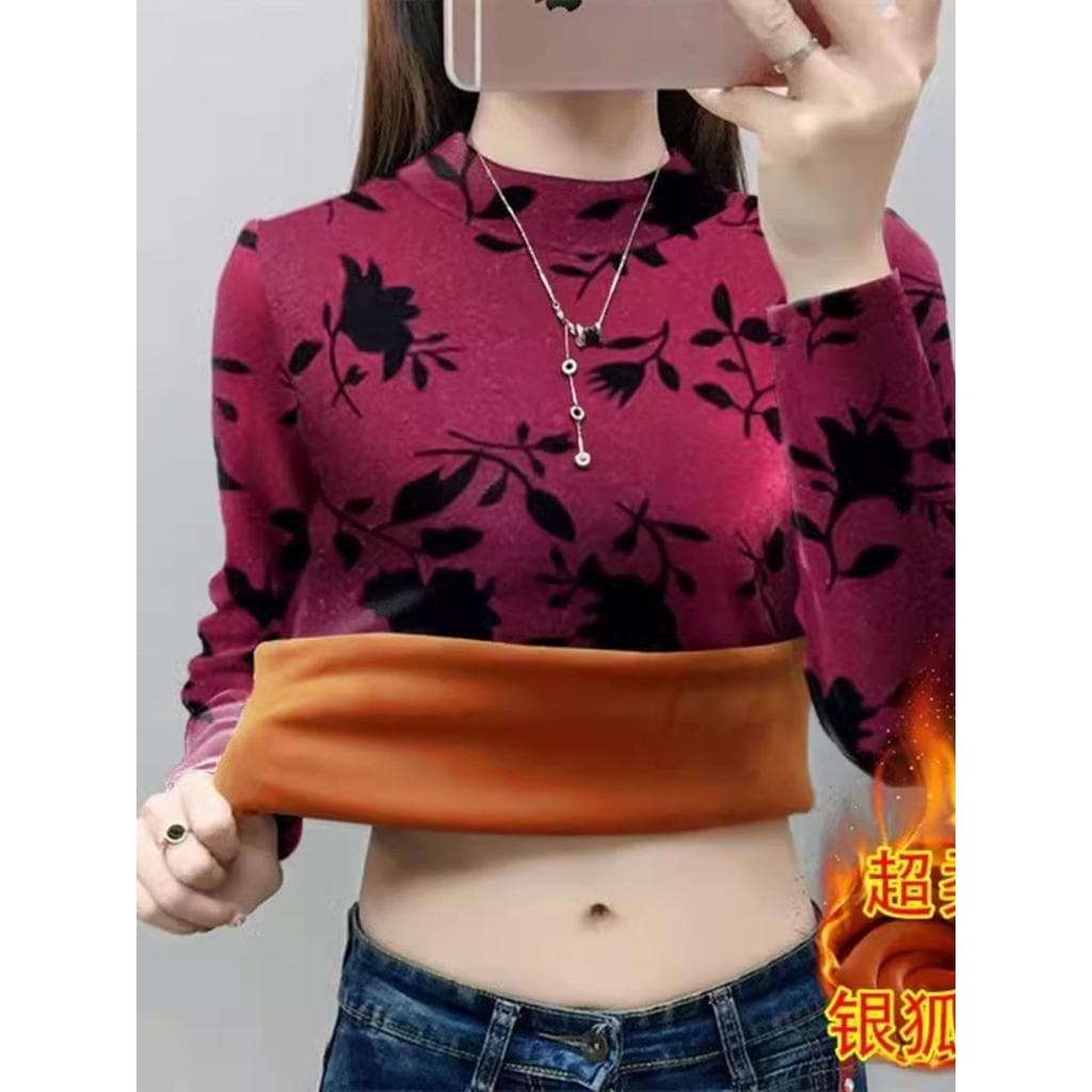 Outono inverno dupla face veludo alemão meia gola alta camisa de fundo novo estilo de meia-idade roupas femininas idosas