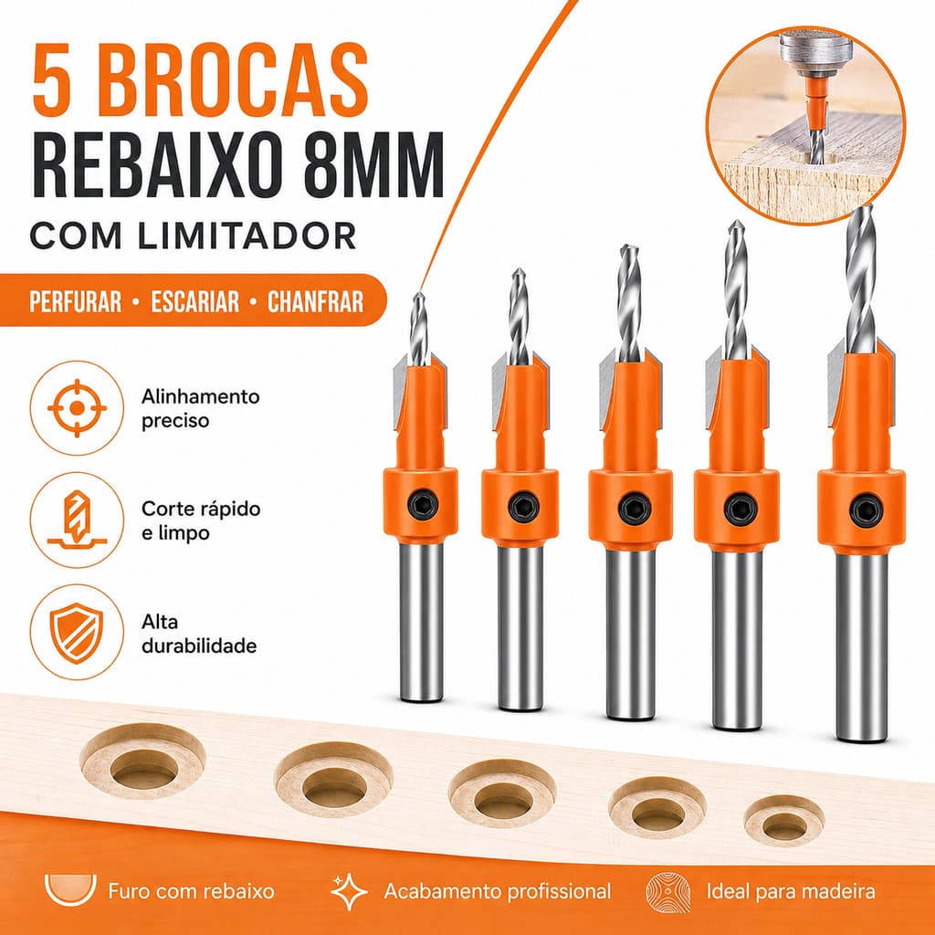 5 Brocas Rebaixo 8mm Com Limitador Para Madeira Escareador Fresa Aplainador Furador Parafuso Cavilha