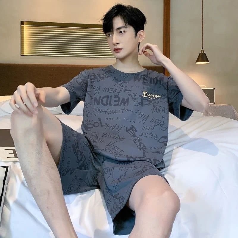 Pijamas masculinos de algodão de alta qualidade em torno do pescoço Shorts de manga curta terno Casual solto juventude e