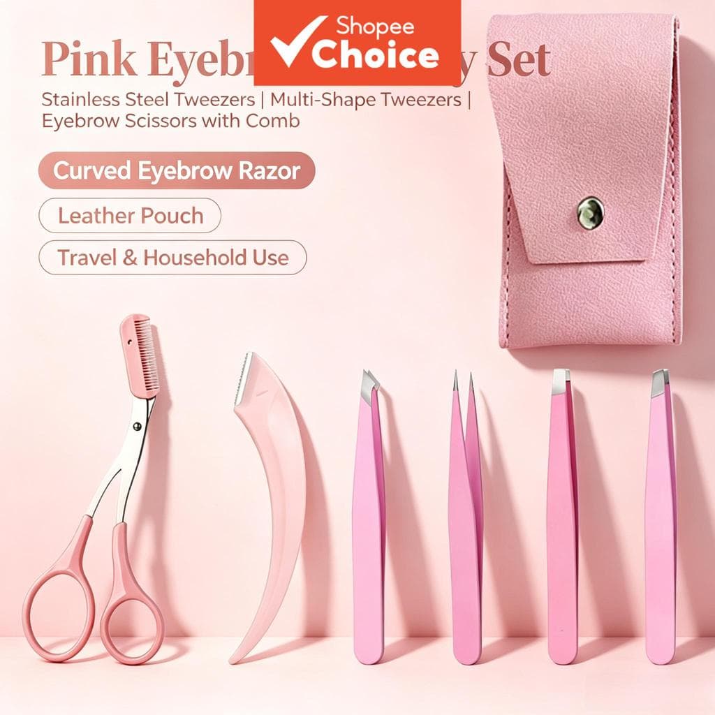 Kit De Sobrancelha Rosa 6 Peças Pinça Inoxidável Multiformato Tesoura Pente Curvo Navalha Bolsa De Couro