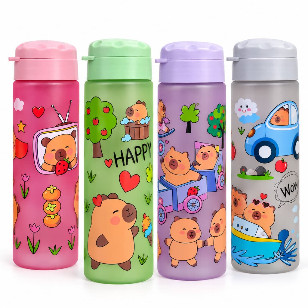 Garrafa Capivara Infantil Squeeze 600ml Escolar Garrafinha Água Fofa Tampa Flip 4 Cores Capybara