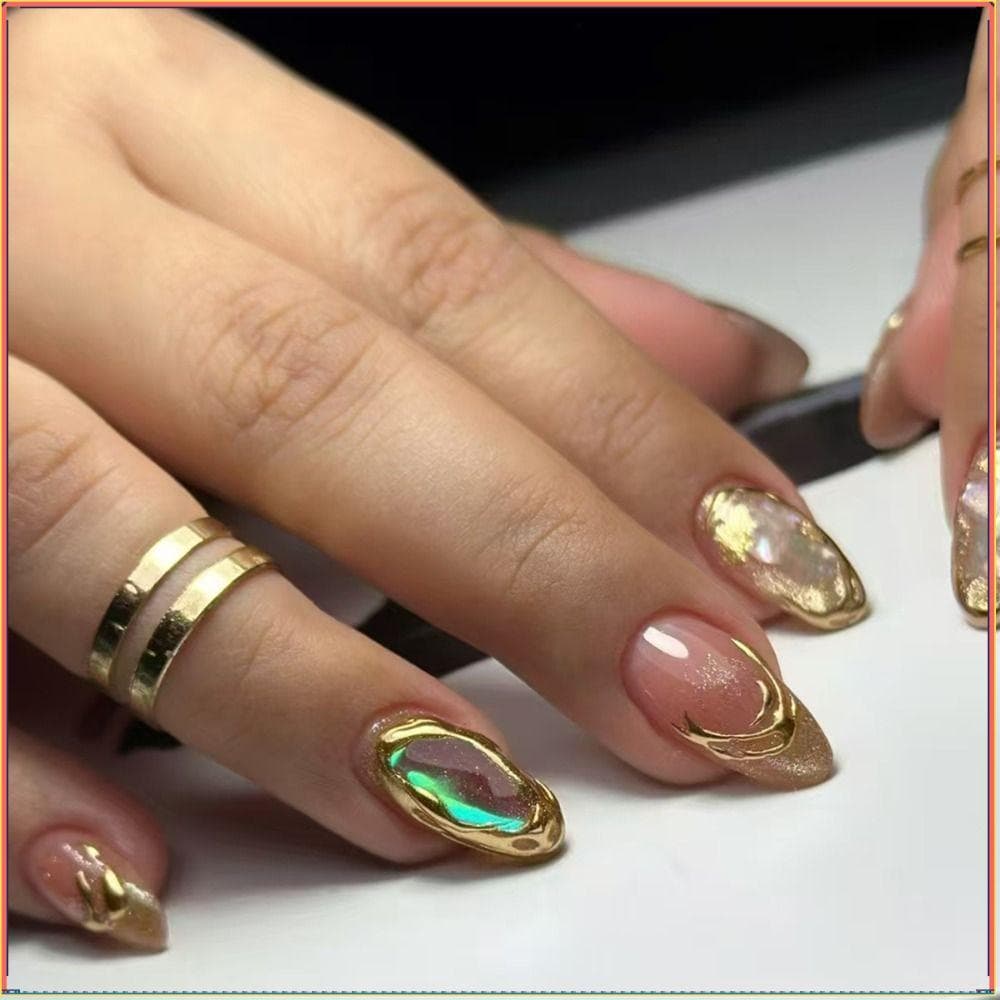 Unhas Falsas Estáveis De 24 Peças , De Amêndoa Longa Com Arco Dourado Starburst Brilhante , Prensa Destacável Francesa E