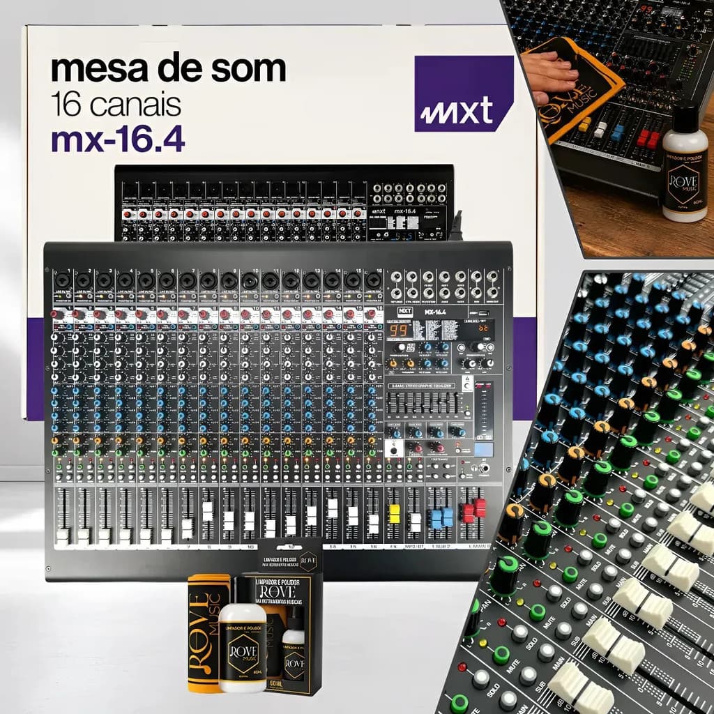 Mesa de Som Analógica MXT MX-16.4 16 Canais 4 Auxiliares DSP 99 Efeitos Mixer Profissional Bivolt + Polidor Rove Music