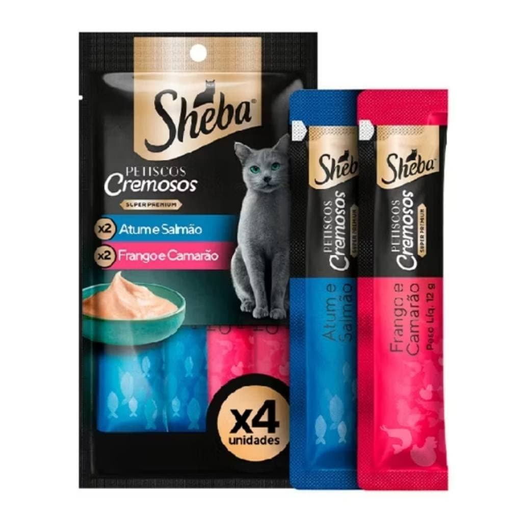 Petisco churu/ Sheba para Gatos Sabor 2 Atum e salmão- 2 frango e camarão - Baixo em Calorias, Sem Grãos, Alta Umidade.