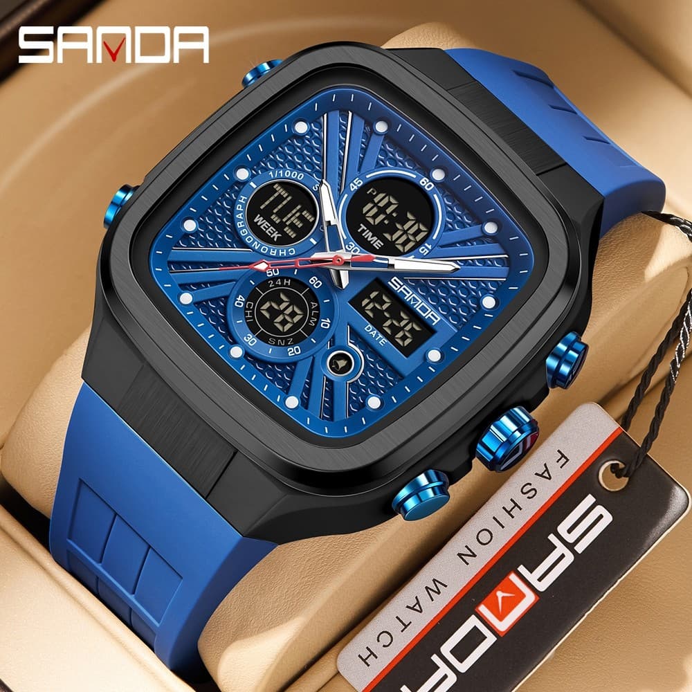 Sanda 6387/Cool Dual Display Relógio Despertador À Prova D 'Água Multifuncional Pulseira De Borracha Homens Moda Relógio