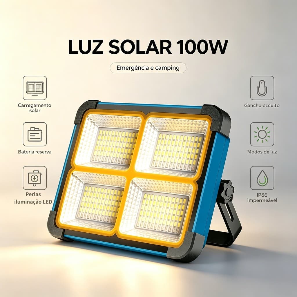Luz Solar 100W Multifuncional IP66 Impermeável Luz Emergência Doméstica Acampamento Carrega Celular