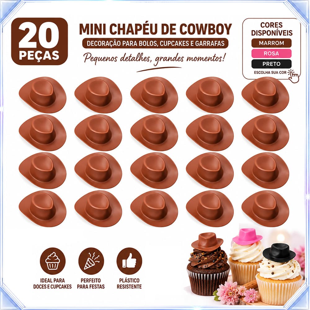 20 peças marrom/rosa/preto Mini chapéu de Cowboy Material plástico 5.4x4.6cm adequado para decoração de sobremesa