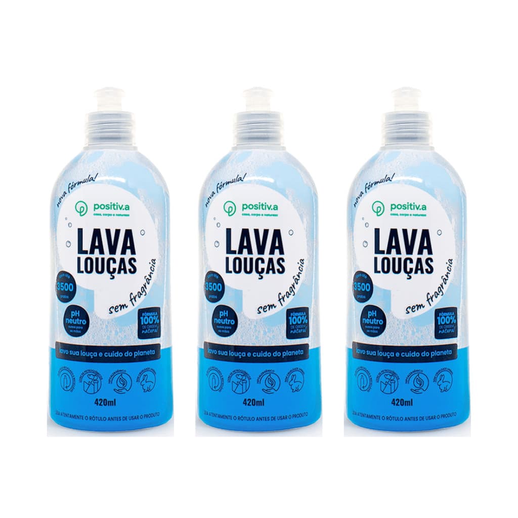 Kit 3 Lava Louças Hipoalergênico Positiv.a Sem Fragrância Positiva 1260ml Detergente Natural