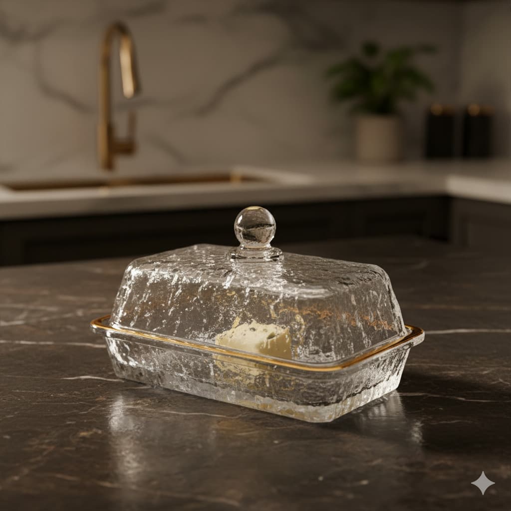 Manteigueira de Cristal Martelado com Tampa e Fio de Ouro Petra Lyor