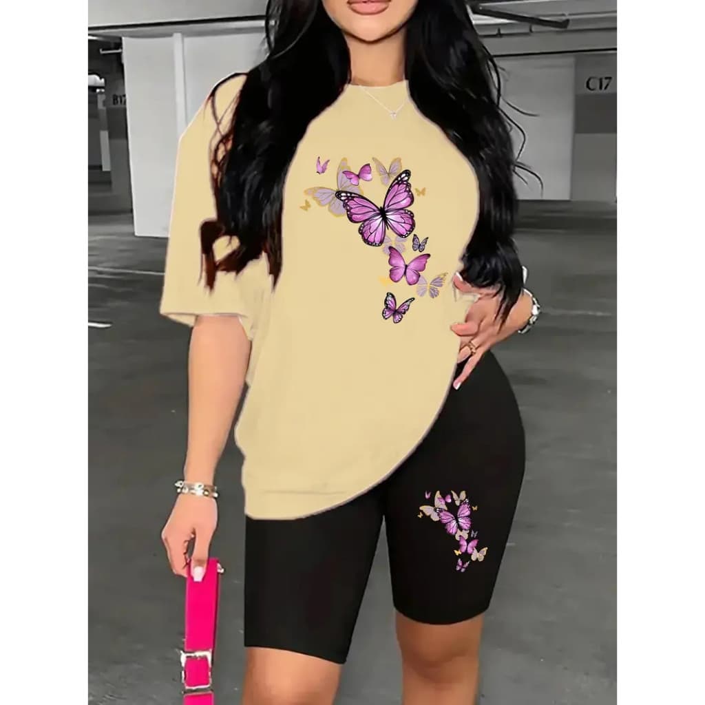 Conjunto Feminino Academia Fitinis Camiseta+Bermuda Zero Transparencia Borboletas