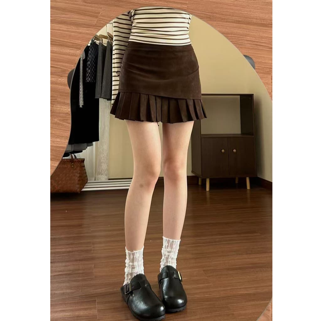 Tamanho grande gordura mm camurça saia plissada feminina primavera cintura alta mais magro olhar saia curta costura saia