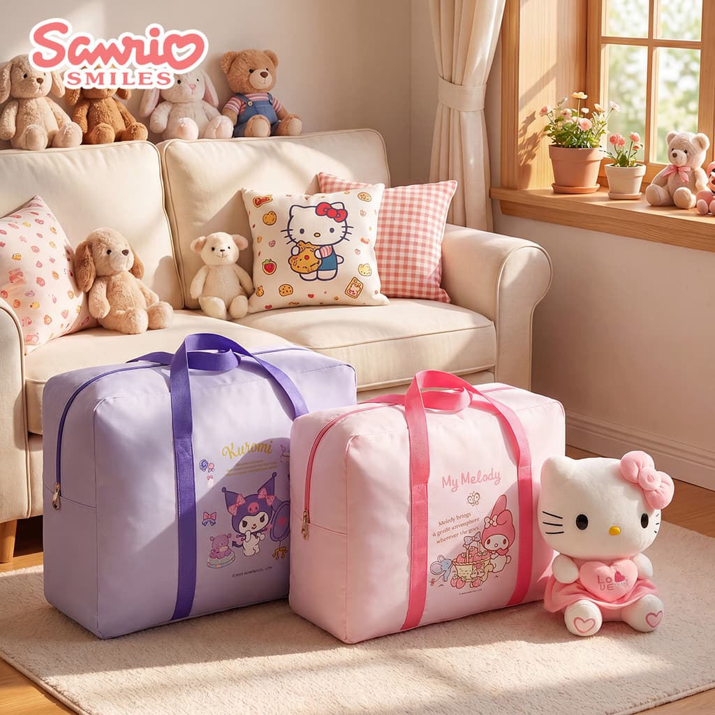 Sanrio saco de armazenamento de colcha de jardim de infância, grande capacidade, roupas infantis, colcha, almoço, organi