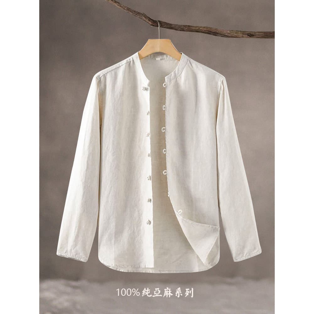 Verão 100% camisa de linho puro nova chinesa Retro roupas masculinas de manga comprida algodão linho abotoado camisa gol