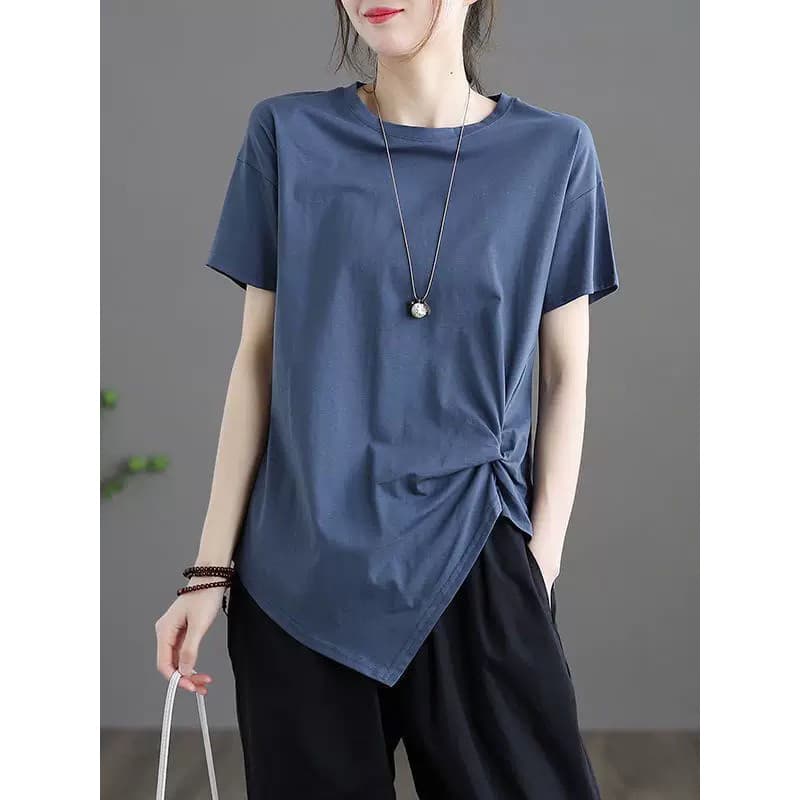 Zimo Qinghe ~ Design sentimento plissado cintura alta Irregular puro algodão camiseta feminina manga curta solta mais ma