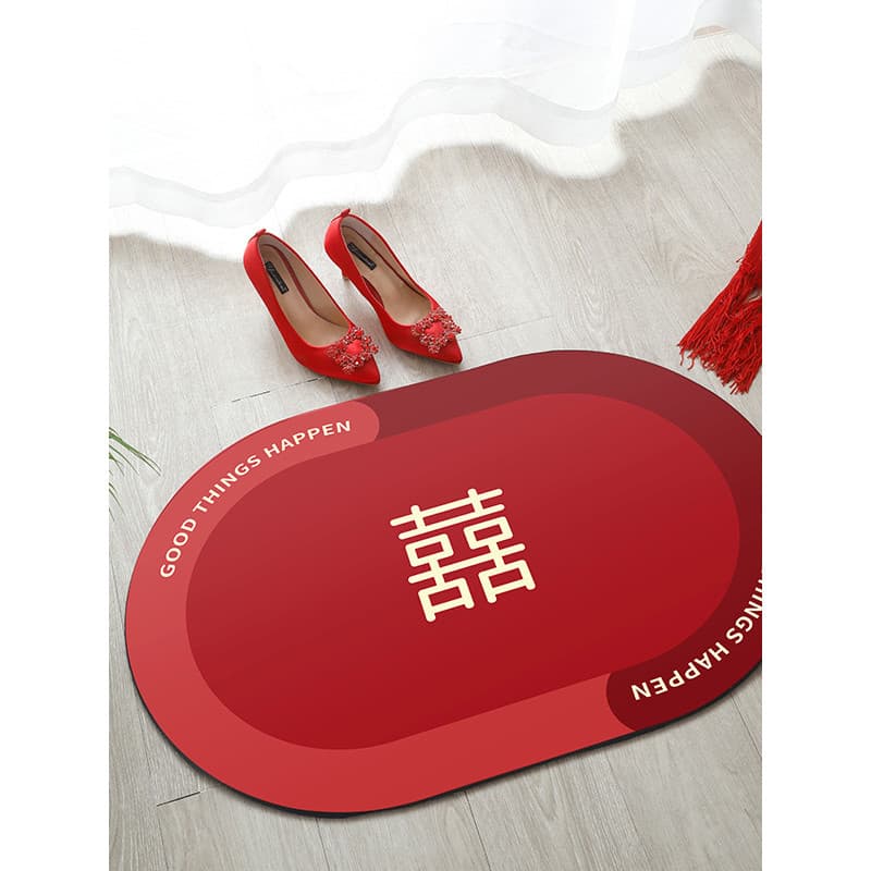 Novo estilo chinês dupla felicidade vermelho imitação de lama diatomácea banheiro pé esteira toalete seco molhado separa