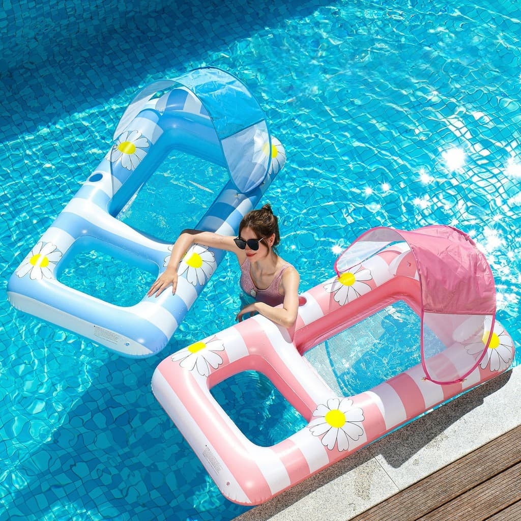 Flor cadeira flutuante pai-filho cama flutuante anel de natação Unisex com toldo encosto reclinável água inflável flutua