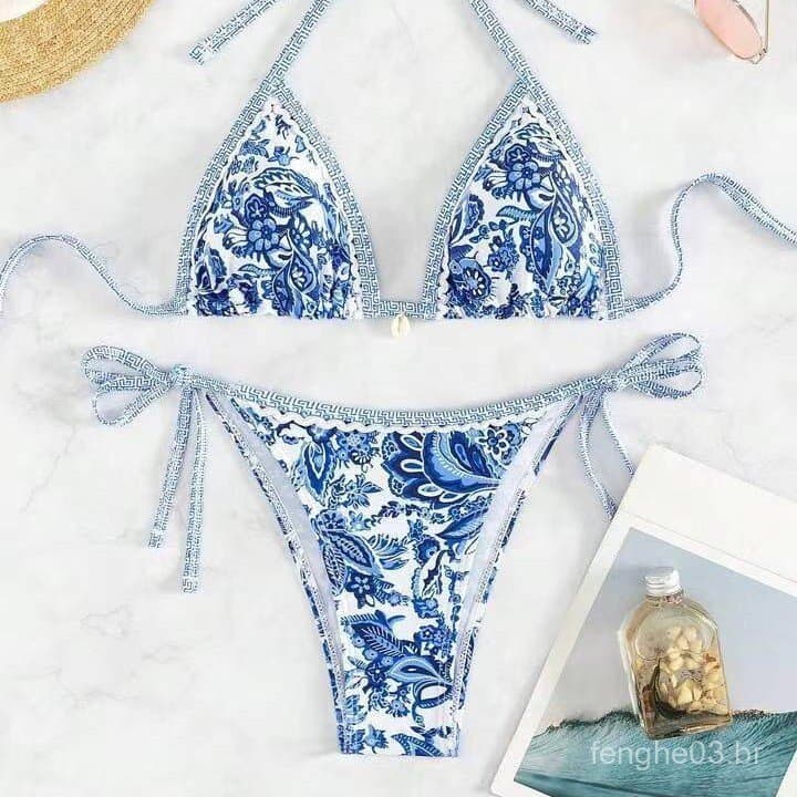 Frete grátis, biquíni esportivo com estampa de porcelana azul e branca, conjunto de maiô sem costas, item popular 3DUS