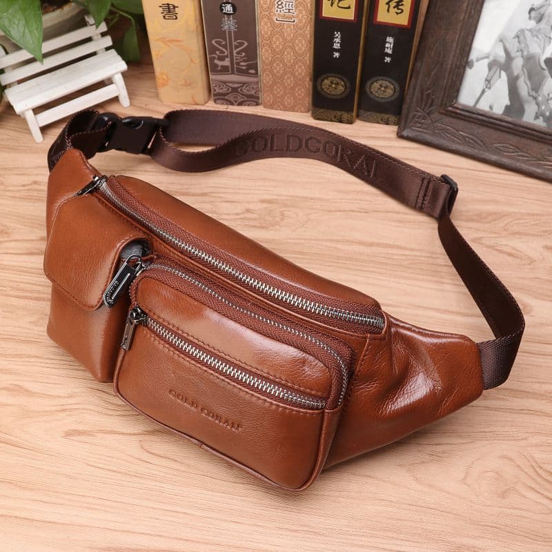 Bolsa de cintura de couro casual masculina multifuncional bolsa de peito moda casual primeira camada bolsa cruzada de co