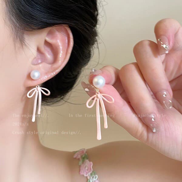 | 【cartelas de brincos feminino】 | kit brinco aço inoxidável ♜Brincos de pérola de dois usos com laço rosa, excl