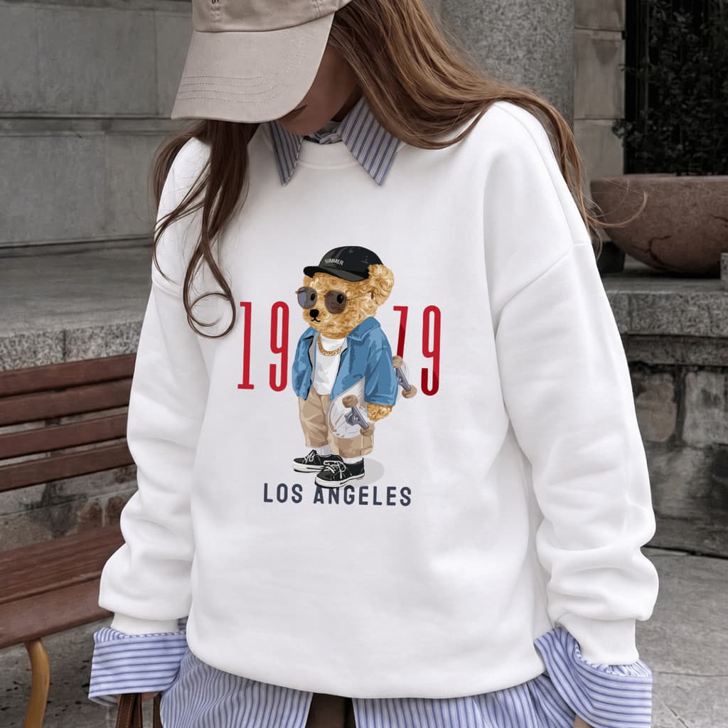 Blusa de Frio Moletom Algodão Feminino Gola Redonda Bear Blusão Tendência Moda Casaco Urso Los Angeles
