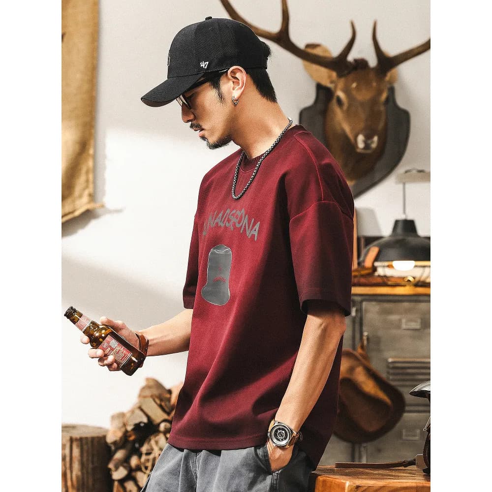 Encore vermelho 300g camiseta masculina de manga curta verão americano Retro camiseta suja tingida lavada topo masculino