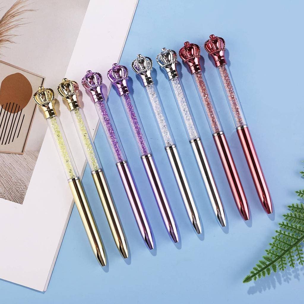 Novo estilo imitação de cristal metálico coroa diamante caneta esferográfica uv banhado assinatura caneta rotativa prese
