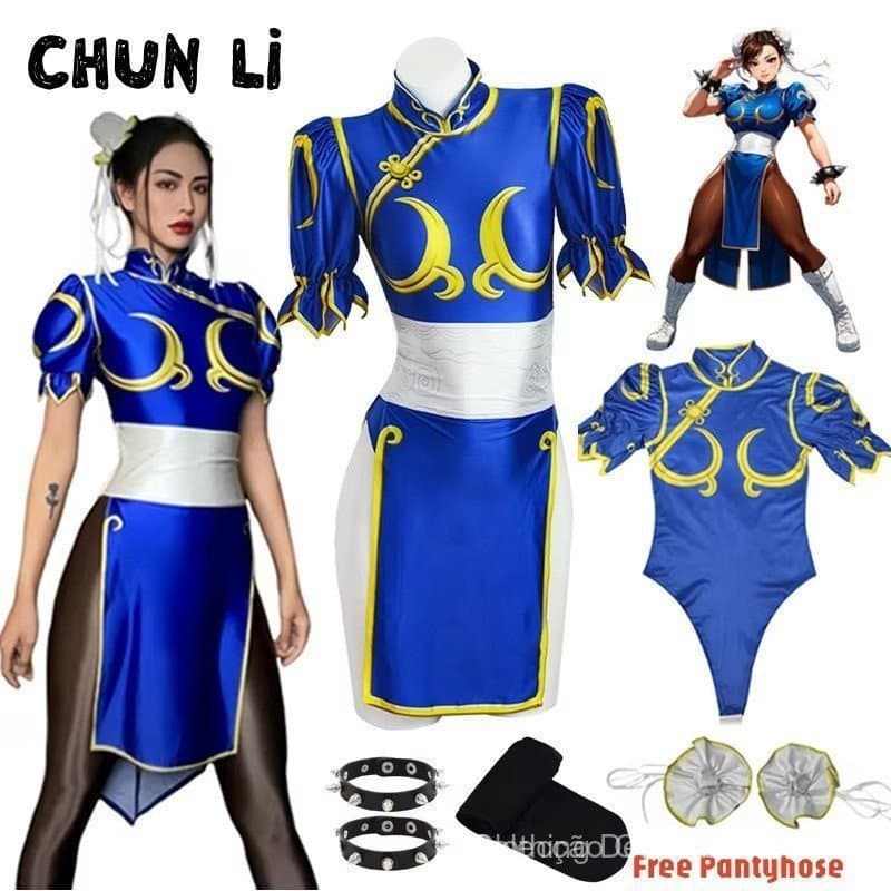 Fantasia de Chun Li de Street Fighter, Cheongsam Azul com Presilha de Cabelo e Cinto, Halloween HFSF 4HRY XRMV