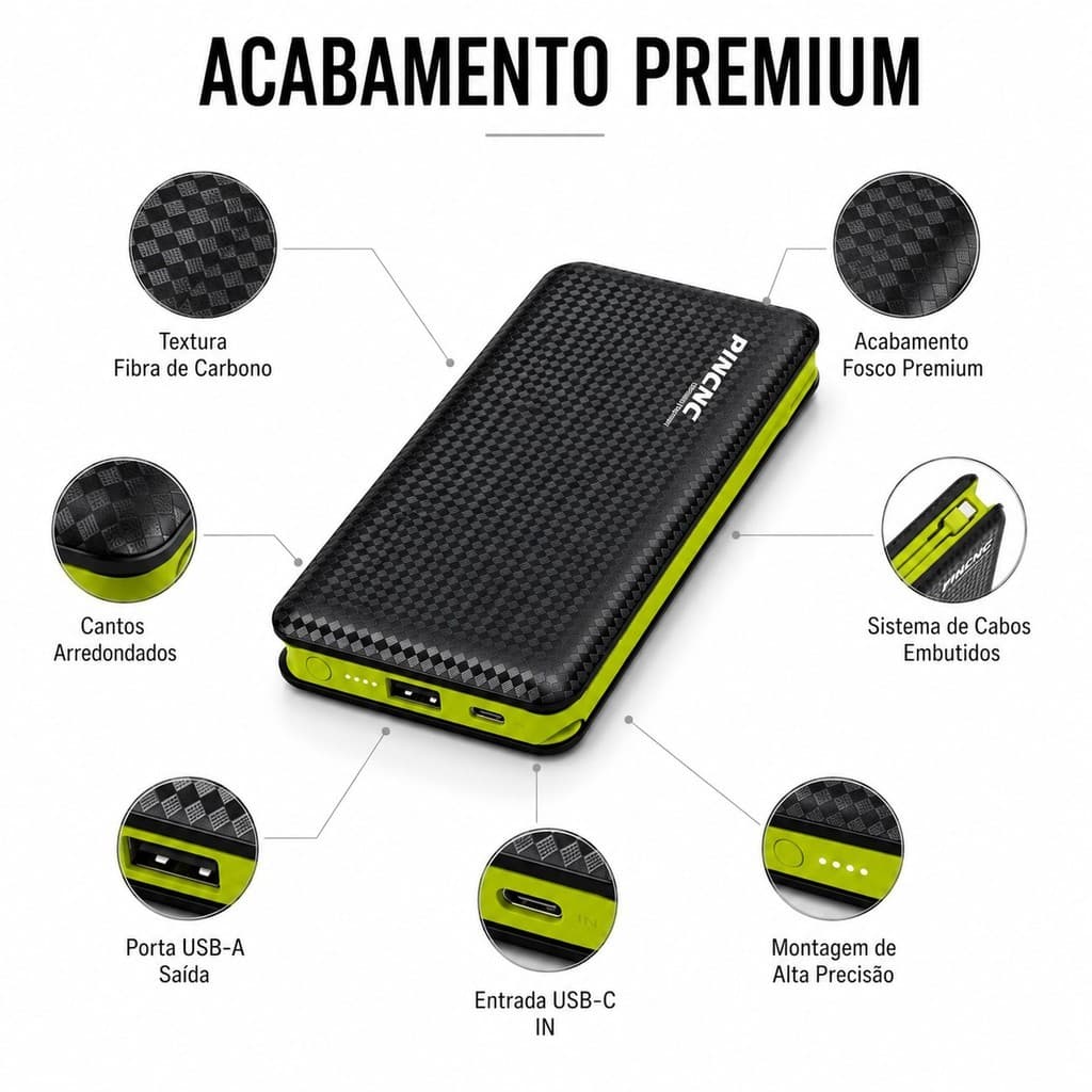 Power Bank Pincnc 10000mAh Carregador Portátil USB Carga Rápida Phone Android
