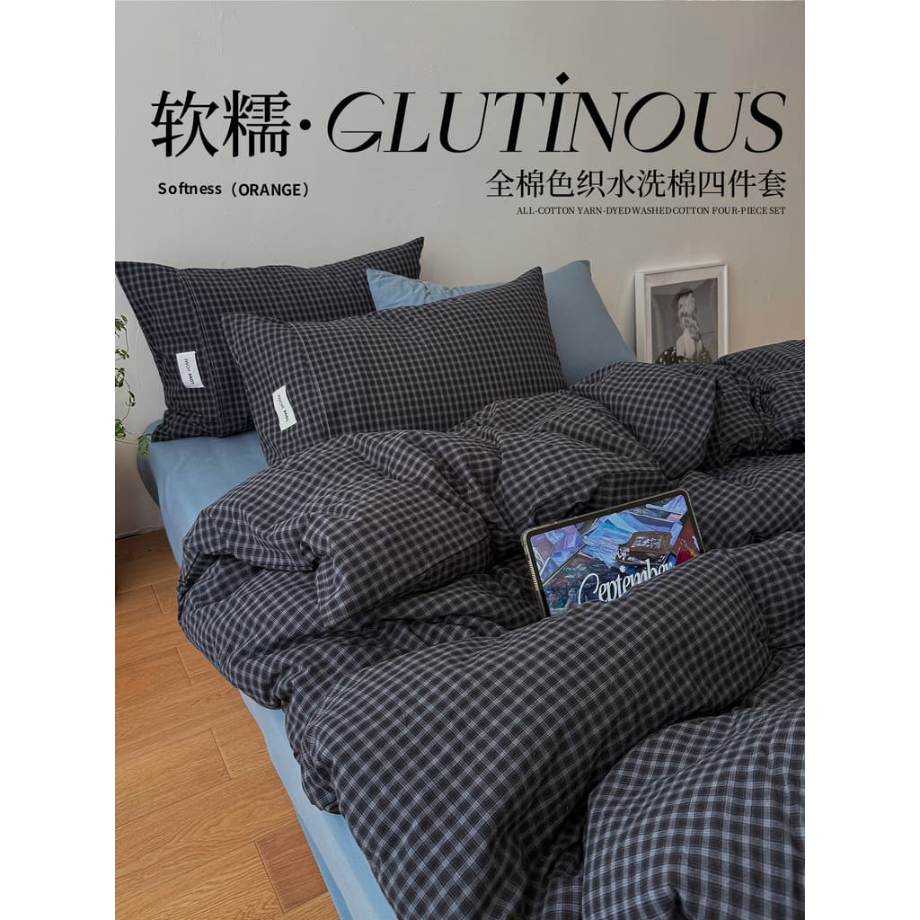 Todo o algodão lavado fio-tingido conjunto de quatro peças cama dormitório masculino único colcha capa apartamento puro