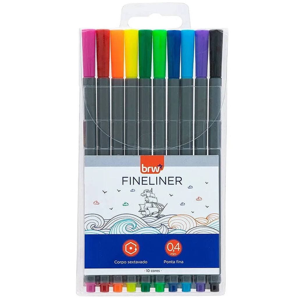 Kit 10 Cores Caneta Fineliner Ponta Fina 0.4mm Ponteira de Metal Traço Preciso Corpo Sextavado BRW
