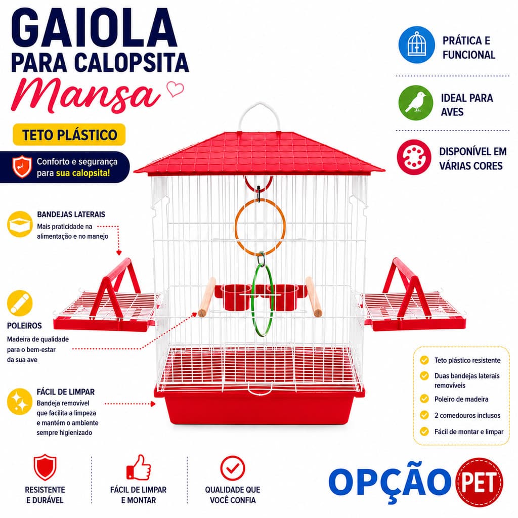Gaiola para calopsita mansa teto plástico com bandejas e poleiros na cor VERMELHA - OPÇÃO PET