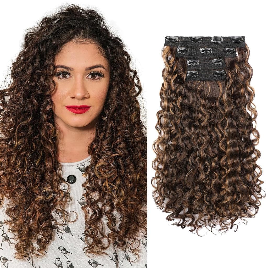 REECHO Extensões de Cabelo Cacheado - 4 Peças de 18" GoGo Extensões de Cabelo Cacheado com Presilhas 100% de Proteína Su