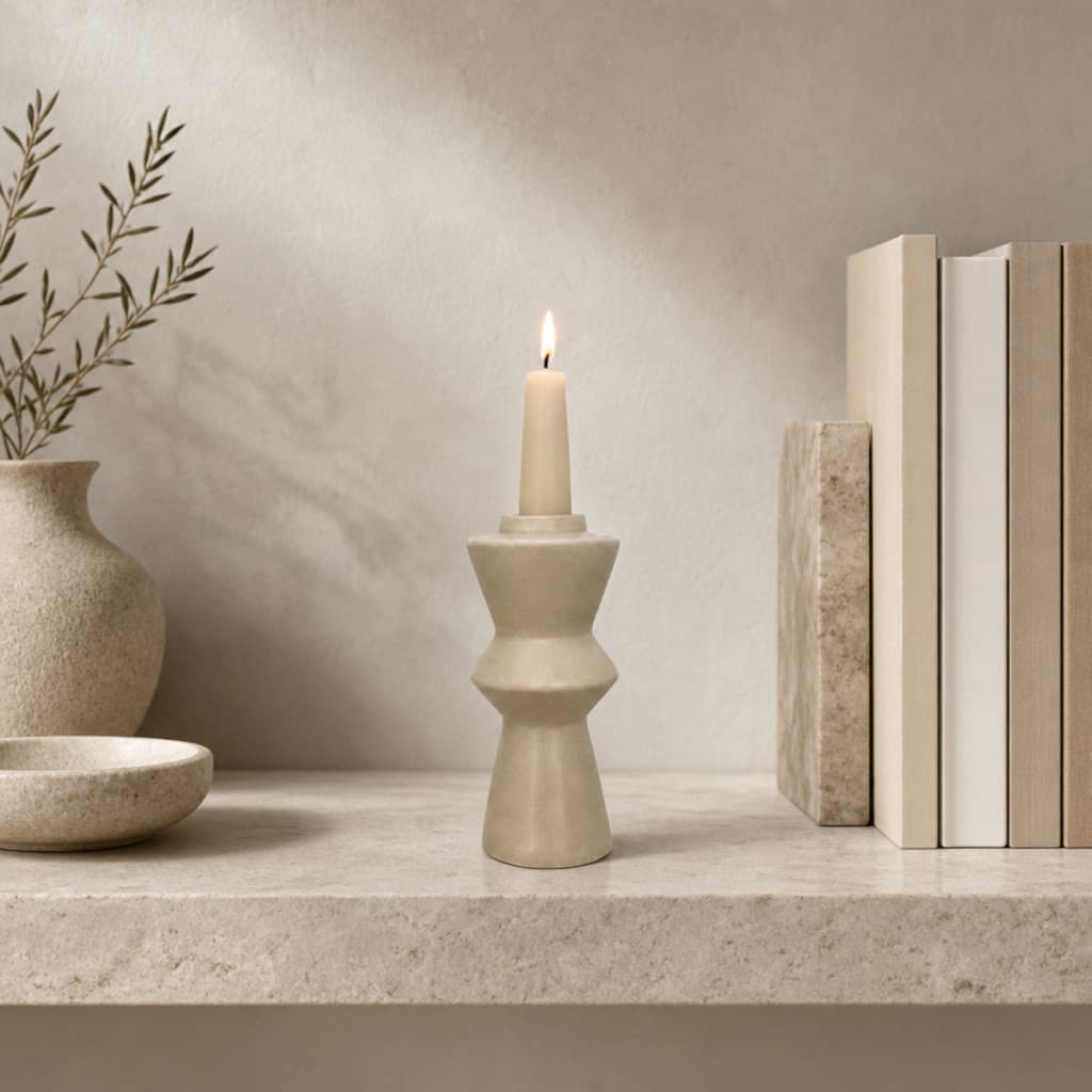 Castiçal Porta Velas Cerâmica Off White 14,5cm Design Geométric