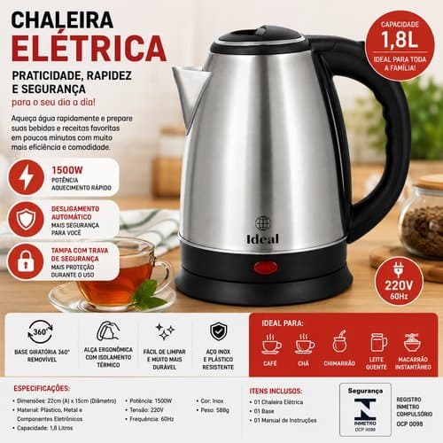 Chaleira Eletrica Inox 1 8 Litros Rapida Potente 1500 Watts 220 Volts