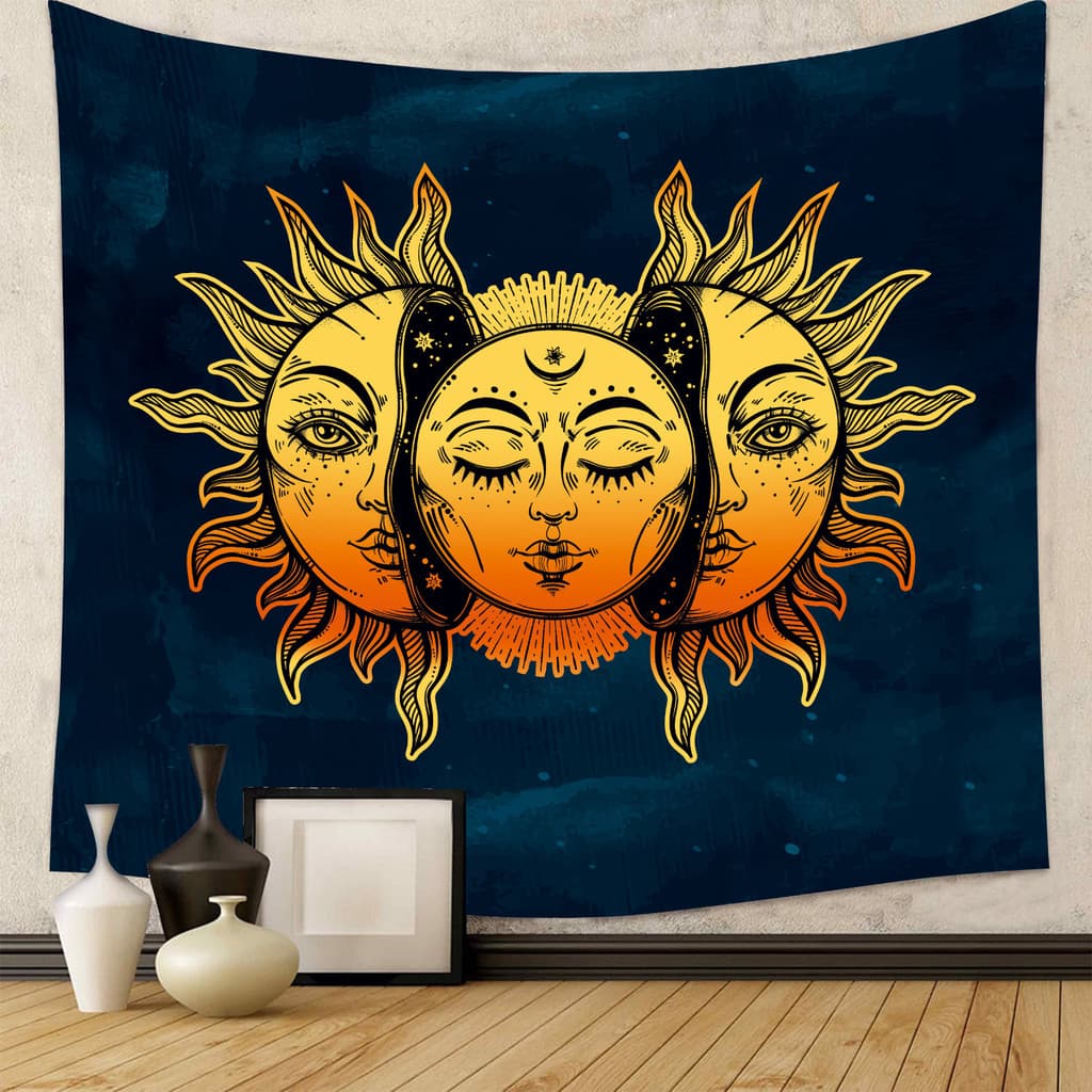 Tapeçaria de Parede em Tecido com Estampa de Céu Estrelado e Sol-Lua, Estilo Artístico Misterioso, para Decoração de Qua