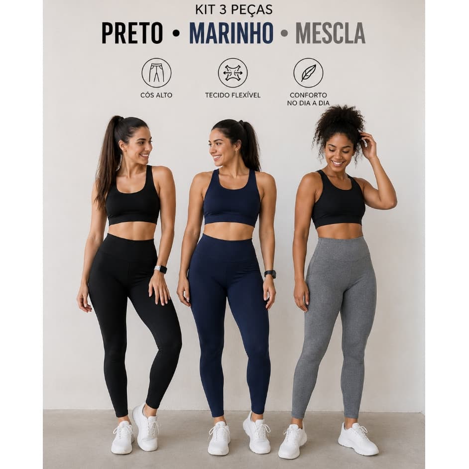 Kit 3 Calças Legging Feminina Academia Treino