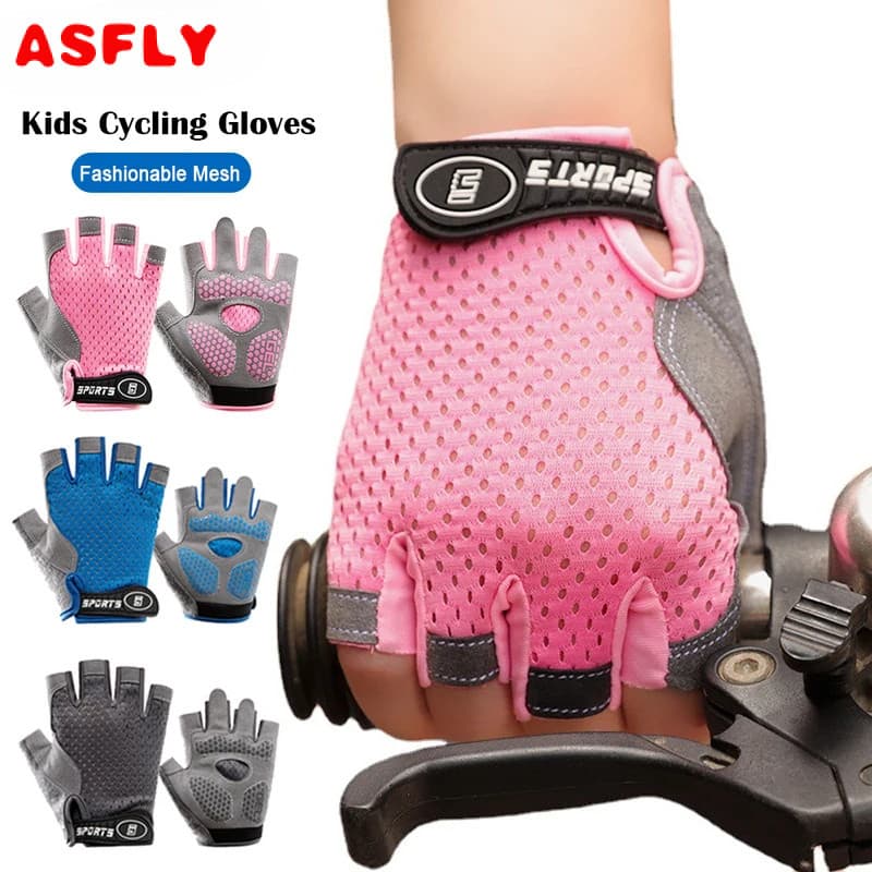 ASFLY 1 Par Antiderrapante Crianças Luvas Meio Dedo Engrossado Palma Protetora Couro Falso Resistente A Rasgos-Ciclismo