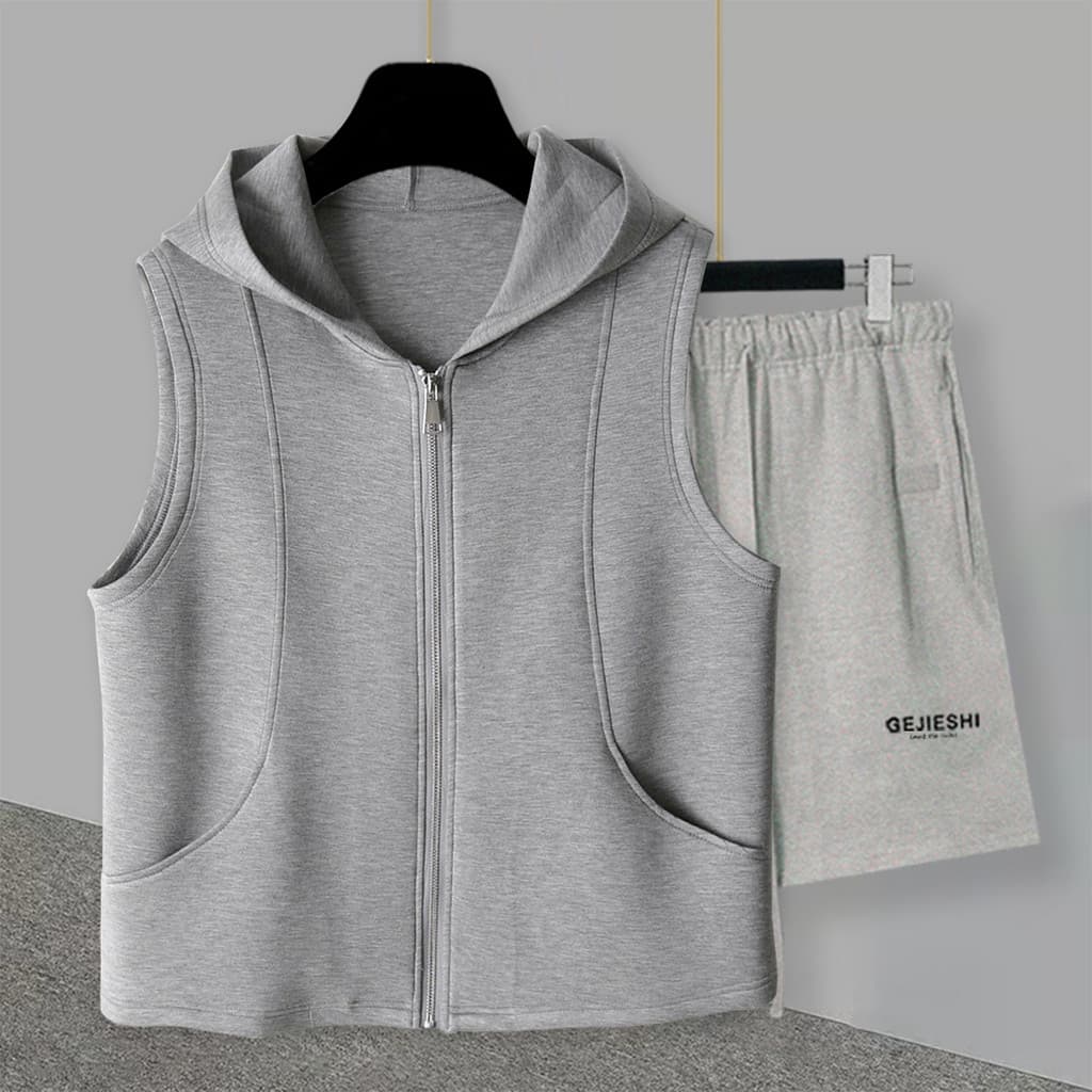 Cor sólida com capuz sem mangas colete Shorts terno das mulheres dos homens mesmo estilo verão novo estilo versão corean