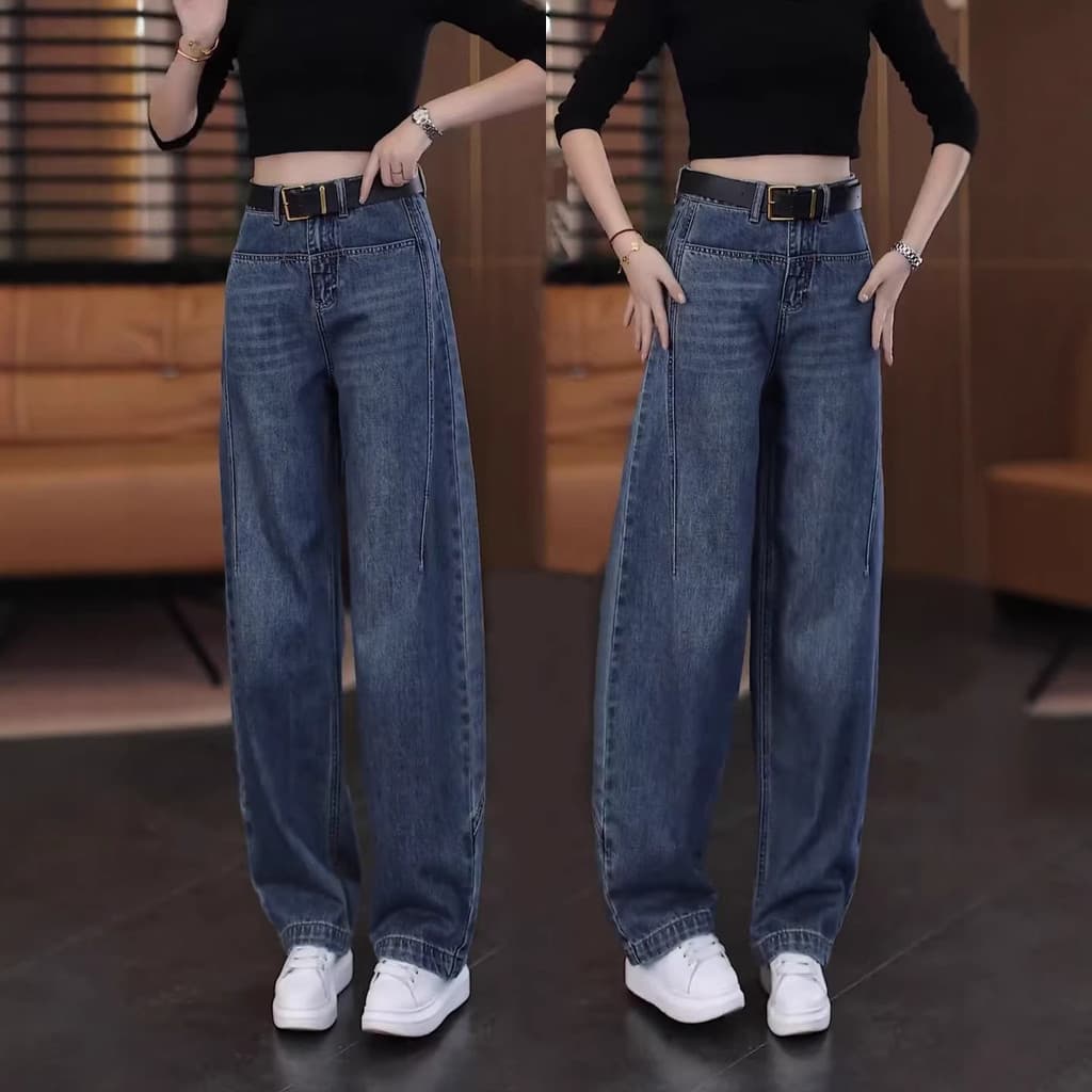 Calças Retrô Azuis de Perna Larga, Calças Femininas Estilo Scythe, Novidade Outono 2026, Jeans Scythe de Cintura Alta, S