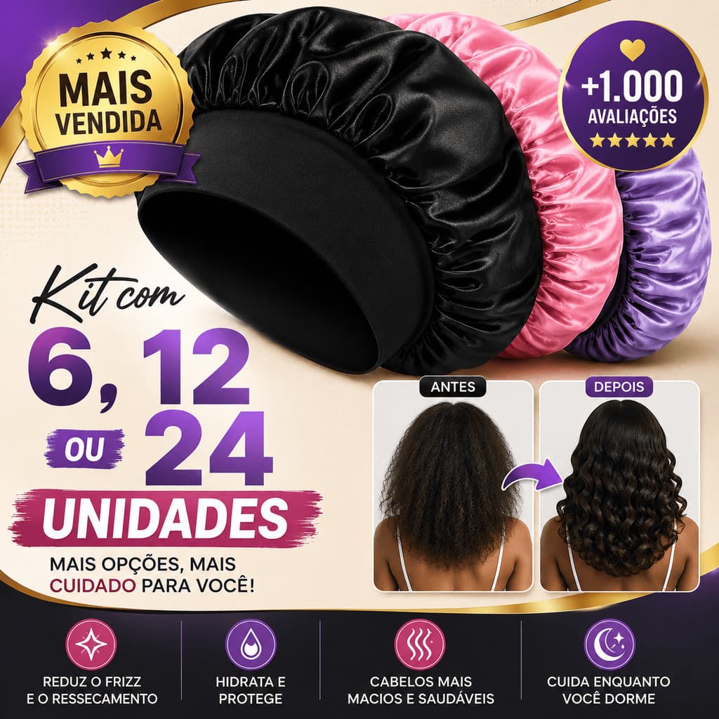 Kit Touca de Cetim com Faixa 6, 12 ou 24 Unidades Cetim Premium Anti Frizz Proteção Noturna para Todos os Tipos de Cabel