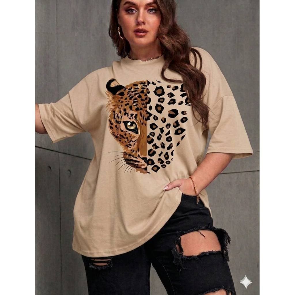 Camiseta Plus Size Estampada Onça Pintada, Casual,Tendência Moda Feminina, Tecido 100% Algodão