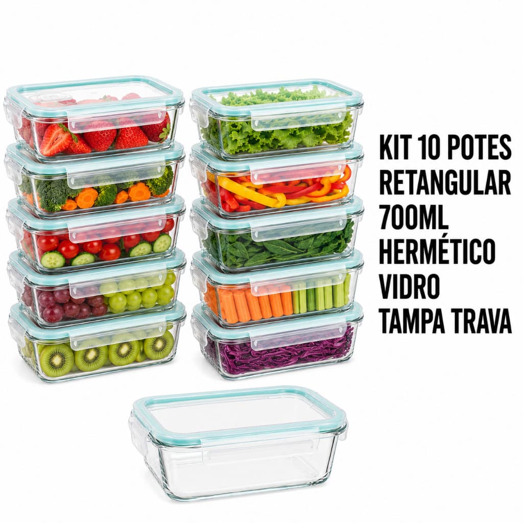 Kit 10 Potes 700ML Retangular Hermético Vidro Tampa Trava Marmita