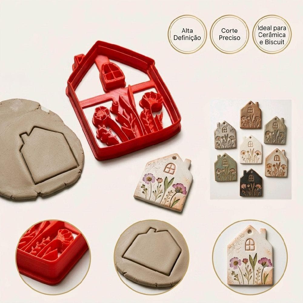 Cortador Molde Placa Carimbo Argila Cerâmica Massa Clay Casinha casas com flores 8cm