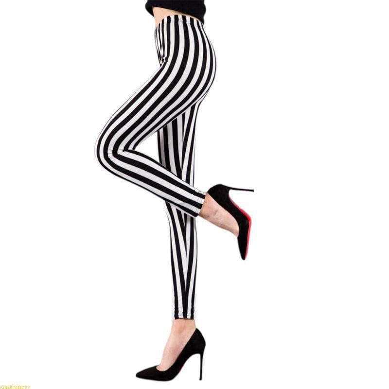 sunshineyy Leggings Femininas Cintura Média Até O Tornozelo, Preto, Branco, Listrado Vertical