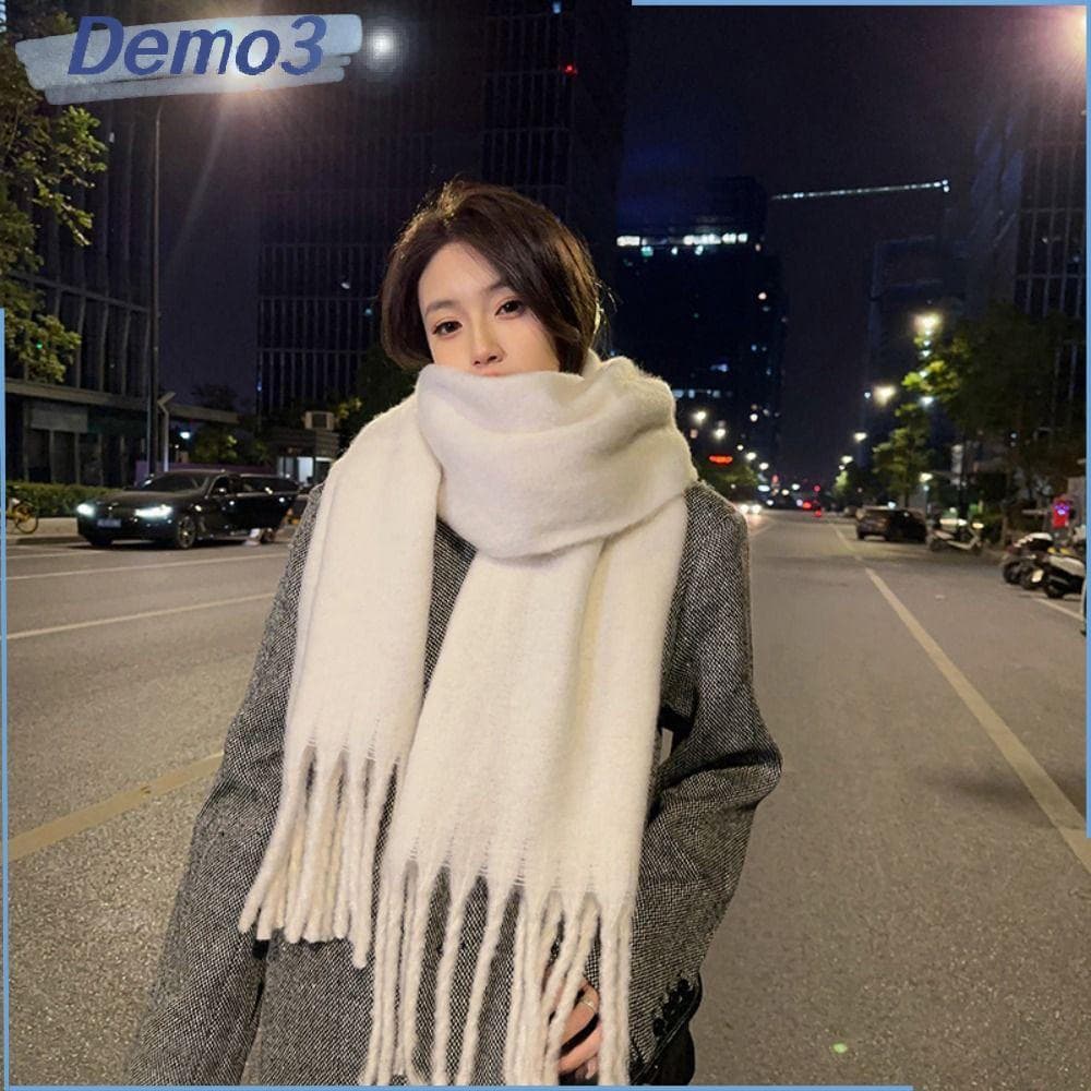 [DEMO3] Cachecóis com Franjas Longas, Cachecol de Cashmere Quente de Cor Sólida para o Inverno, Xales Grossos e Macios c
