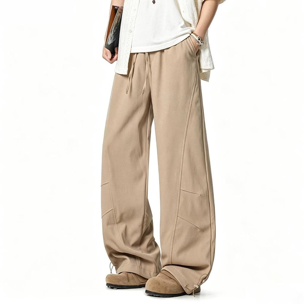 Americano Retro bege calças de perna larga masculino verão solto Drape macacão Casual calças masculinas