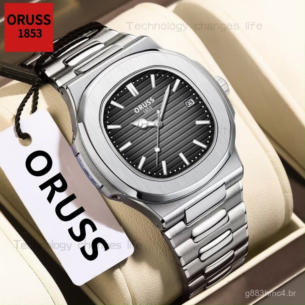 Relógio de Pulso Masculino ORUSS Original de Luxo, em Aço Inoxidável, à Prova d'Água, com Calendário Luminoso, Analógico