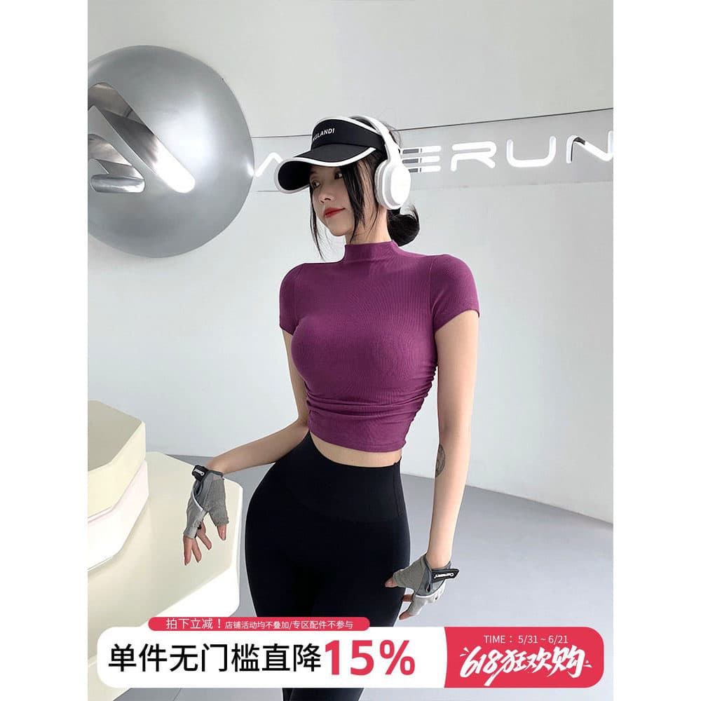 Annerun Urban Sports Half High Neck Plissado Fitness Camiseta de manga curta feminina Slim-Fit Skinny Stretchy Top de se