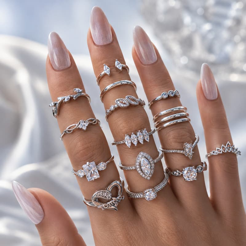 Kit 15 Anéis Femininos Prateados com Zircônia, Estilo Luxuoso para Empilhar